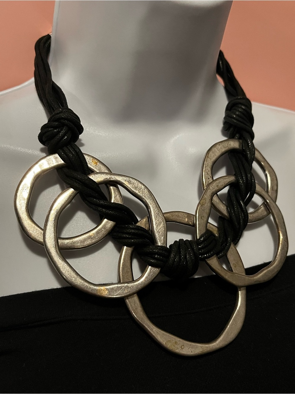 Braided Black Cord Necklace with Large Silver Rings